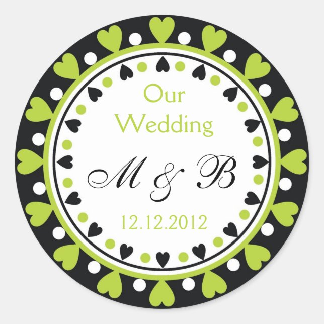 Wedding Monogram - Leaf Green Hearts Runder Aufkleber (Vorderseite)