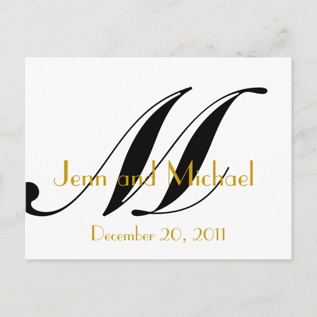 Wedding Monogram M Announcement Card Gold Black Ankündigungspostkarte (Vorderseite)