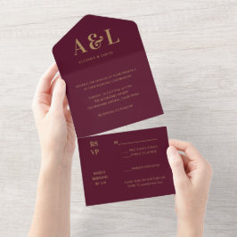 Wedding Monogram Minimalistisch Burgundy Gold All In One Einladung