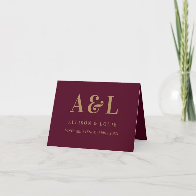 Wedding Monogram Minimalistisch Burgundy Gold Dankeskarte (Vorderseite)