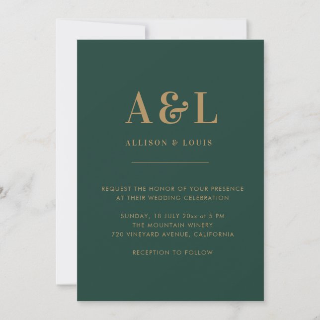 Wedding Monogram Minimalistisch Emerald Gold Einladung (Vorderseite)