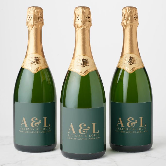 Wedding Monogram Minimalistisch Emerald Green Gold (Flaschen)