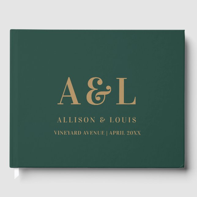 Wedding Monogram Minimalistisch Emerald Green Gold Gästebuch (Vorderseite)