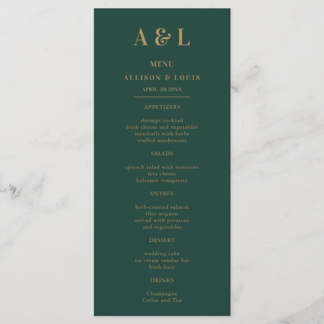 Wedding Monogram Minimalistisch Emerald Green Gold Menükarte (Vorderseite)
