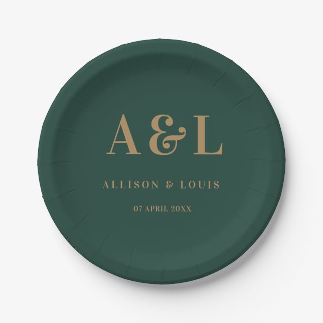 Wedding Monogram Minimalistisch Emerald Green Gold Pappteller (Vorderseite)