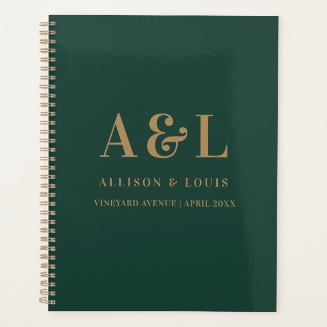 Wedding Monogram Minimalistisch Emerald Green Gold Planer (Vorderseite)