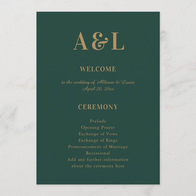 Wedding Monogram Minimalistisch Emerald Green Gold Programm (Vorderseite)