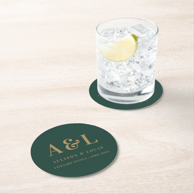 Wedding Monogram Minimalistisch Emerald Green Gold Runder Pappuntersetzer (Vor Ort)