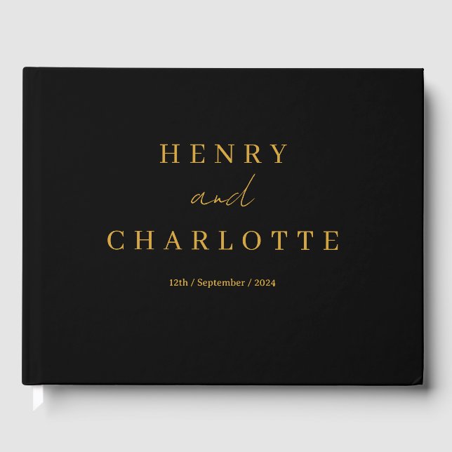 Wedding Monogram Minimalistisch Simple Gold and Bl Gästebuch (Vorderseite)