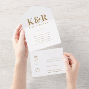 Wedding Monogram Minimalistisch Simple Gold and Wh All In One Einladung