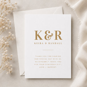 Wedding Monogram Minimalistisch Simple Gold and Wh Dankeskarte