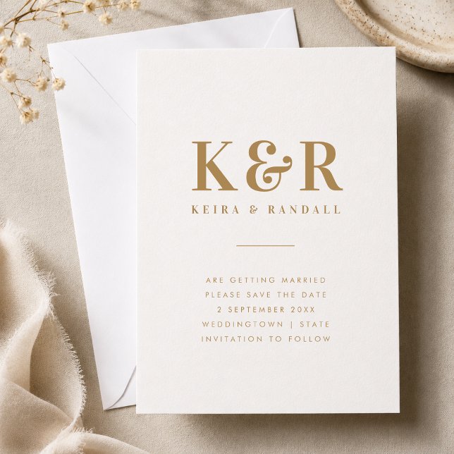 Wedding Monogram Minimalistisch Simple Gold and Wh Save The Date (Gold monogram save the date card with couple initials, names, date, and location details.)