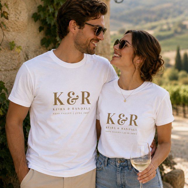 Wedding Monogram Minimalistisch Simple Gold and Wh T-Shirt (Custom wedding monogram T-shirts for couples, destination trips, and honeymoon photos)