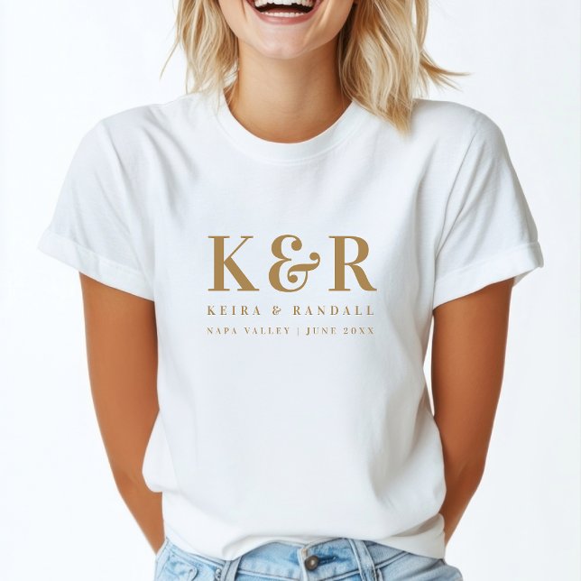 Wedding Monogram Minimalistisch Simple Gold and Wh T-Shirt (Von Creator hochgeladen)