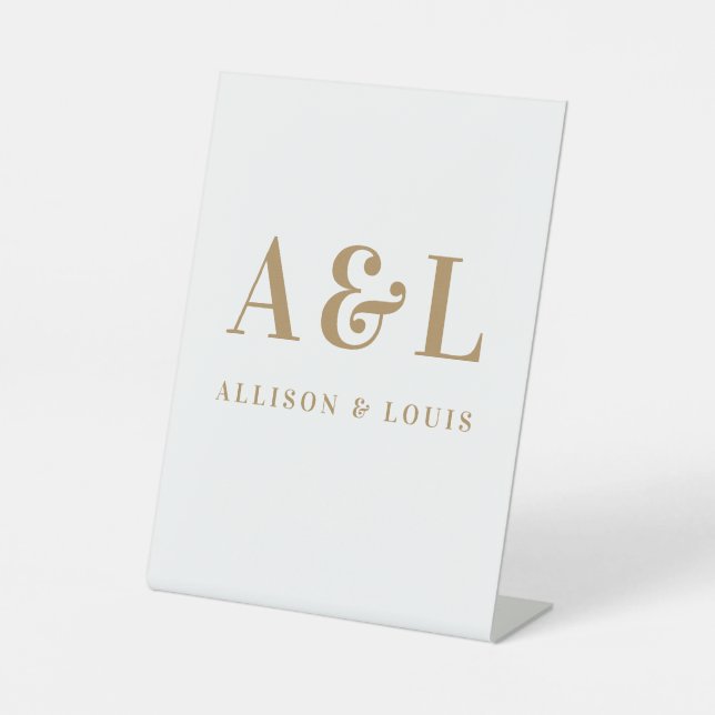 Wedding Monogram Minimalistisch White Gold Sockelschild (Vorderseite)