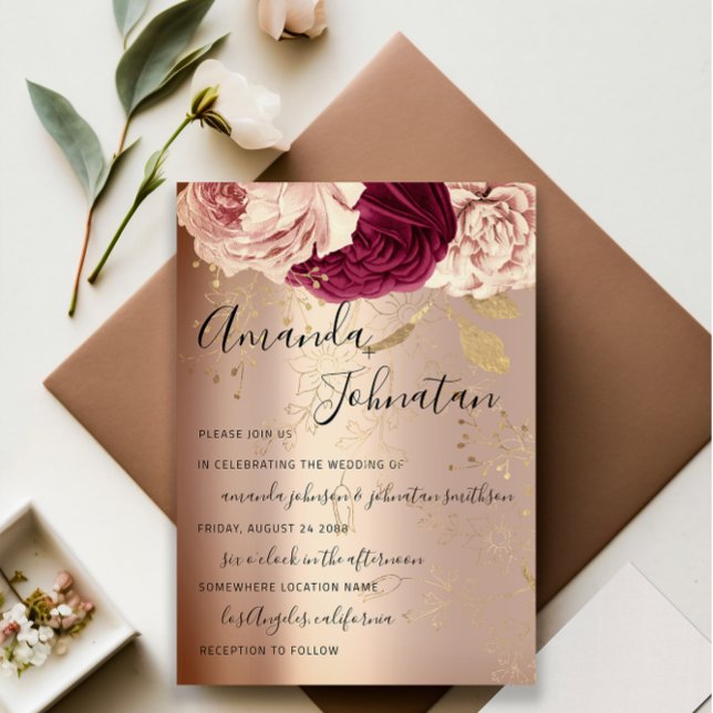 Wedding Monogram Pink Florals Marsala Rose Gold Einladung (Wedding Monogram Pink Florals Marsala Rose Gold Invitation)