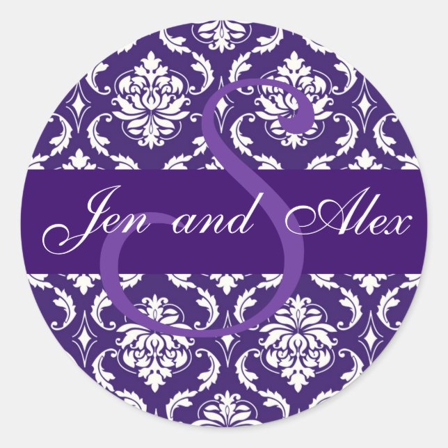 Wedding Monogram S Lila Damask Gefälligkeitsaufkle Runder Aufkleber (Vorderseite)