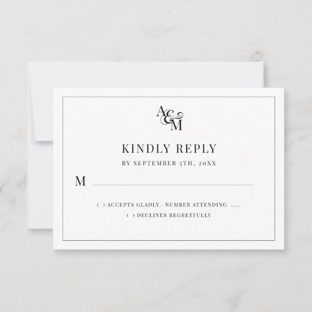 Wedding Monogram Schwarz-weiß Simple Elegant RSVP Karte (Vorderseite)