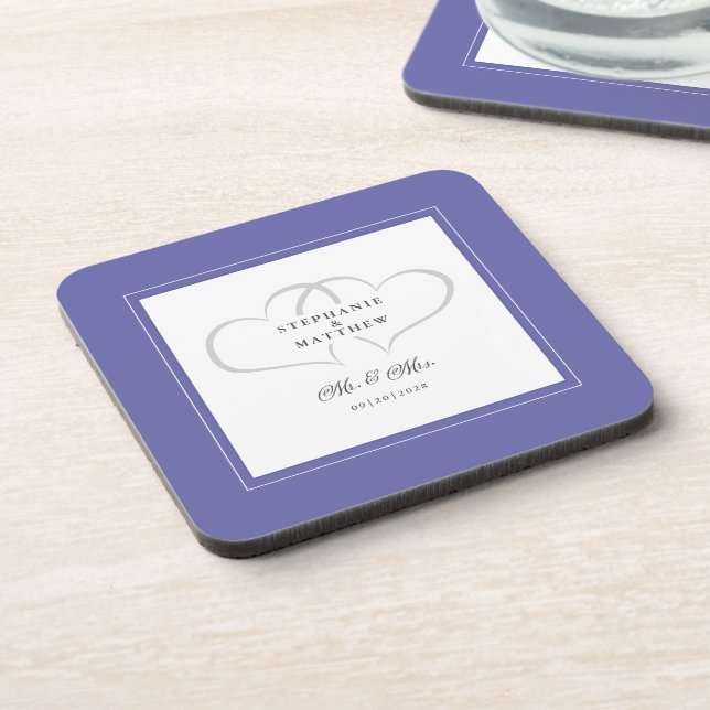 Wedding Mr & Mrs Periwinkle Blue Elegant Hearts Getränkeuntersetzer (Linke Seite)