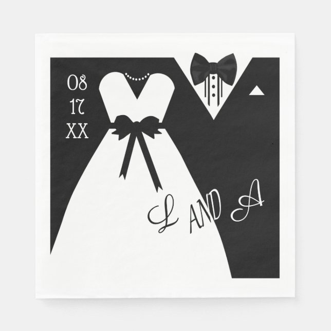 Wedding Napkin | Schwarz-weiße Bräunungsmonogramm Serviette (Vorderseite)