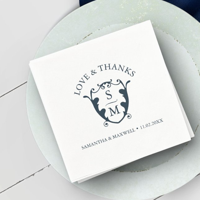 Wedding Napkins Template Custom Monogram Crest Serviette (Monogram wedding napkins blue initials and crest art by Victoria Grigaliunas of Do Tell A Belle)