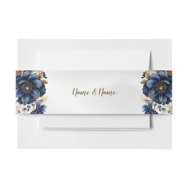 Wedding Navy Blue White Golden Floral Silver Einladungsbanderole (Vorderseite Beispiel)