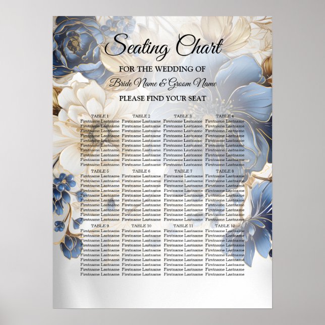 Wedding Navy Blue White Golden Floral Silver Poster (Vorne)