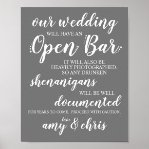 Wedding Open Bar Funny Drunken Shenanigans Sign W Poster