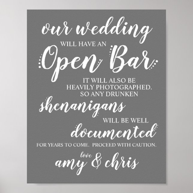 Wedding Open Bar Funny Drunken Shenanigans Sign W Poster (Vorne)