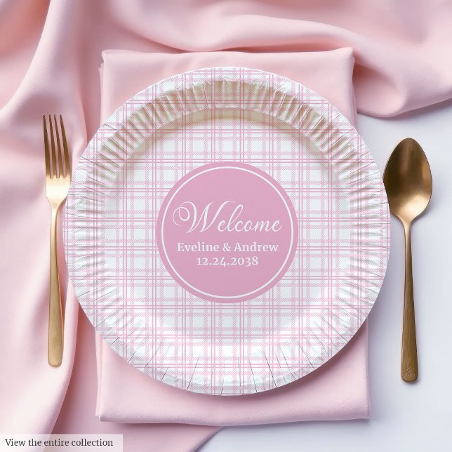 Wedding Party Paper Plates Pink Tartan Minimalist  Pappteller (Wedding Party Paper Plates Pink Tartan Minimalist Art)