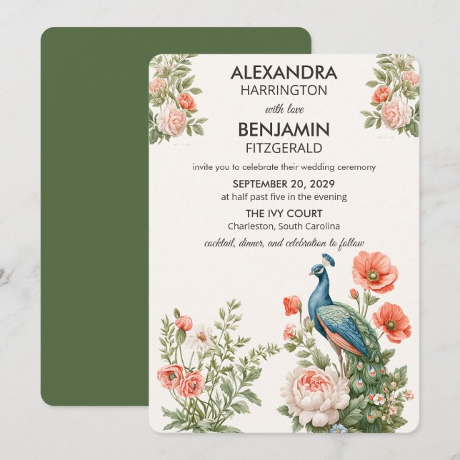 Wedding Peacock Botanical | Vintage Floral Art Einladung (Vorne/Hinten)