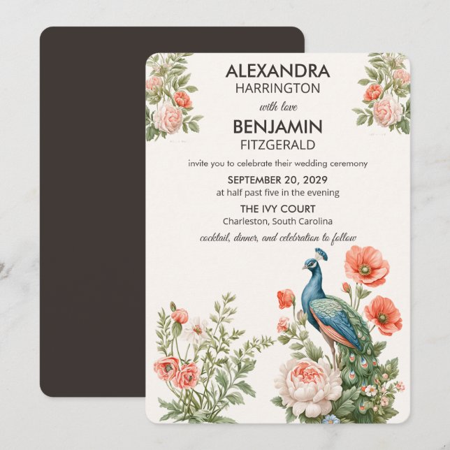 Wedding Peacock Botanical | Vintage Floral Art Einladung (Vorne/Hinten)