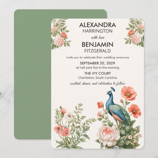 Wedding Peacock Botanical | Vintage Floral Art Einladung (Vorne/Hinten)