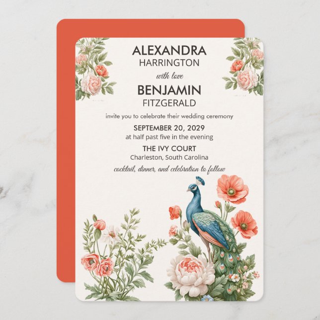 Wedding Peacock Botanical | Vintage Floral Art Einladung (Vorne/Hinten)