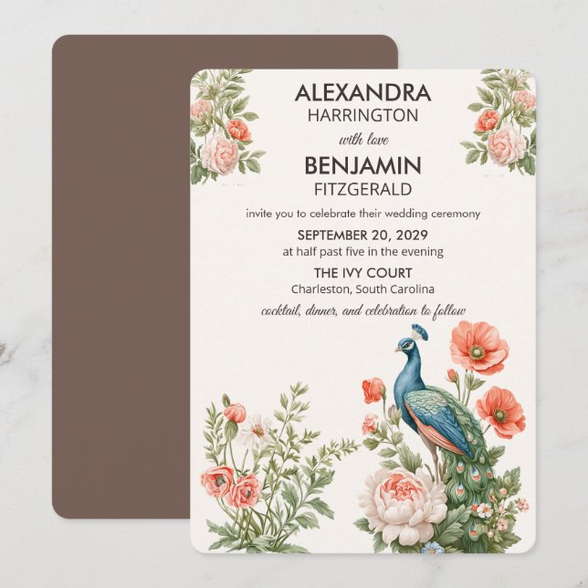 Wedding Peacock Botanical | Vintage Floral Art Einladung (Vorne/Hinten)