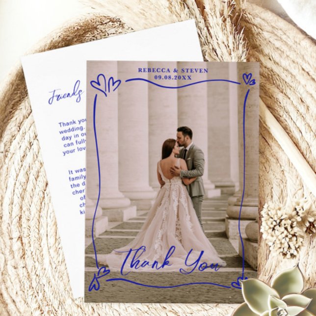 Wedding Photo Blue Doodle Heart Overprint Border Dankeskarte (Von Creator hochgeladen)