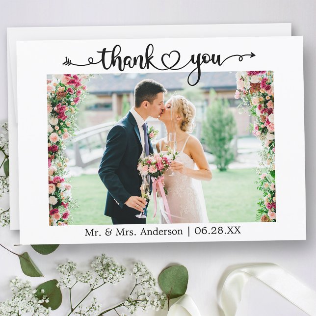 Wedding Photo Calligraphy Script Heart  Dankeskarte (Customize to change your personalized text size or text style.)