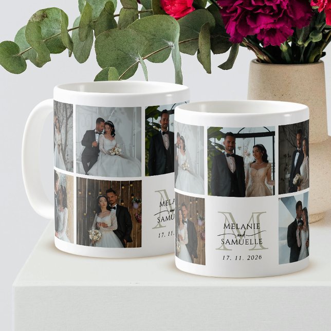 Wedding Photo Collage Bride and Groom Monogram Kaffeetasse (Von Creator hochgeladen)