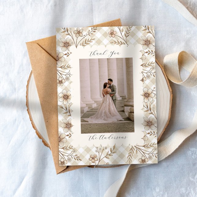 Wedding Photo Guest Appreciation Gingham Floral Dankeskarte (Von Creator hochgeladen)