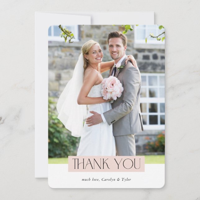 WEDDING PHOTO modern chic serif blush pink block Dankeskarte (Vorderseite)