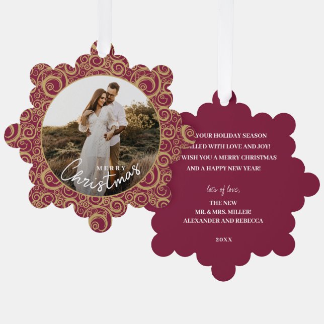 Wedding Photo on Gold Swirl Cranberry Christmas  Ornament Karte (Vorderseite/Rückseite)