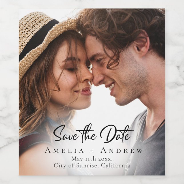 Wedding Photo Save the Date Minimalist Weinetikett (Einzelnes Label)