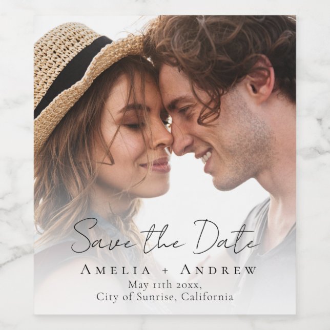 Wedding Photo Save the Date Minimalist Wine Label Weinetikett (Einzelnes Label)