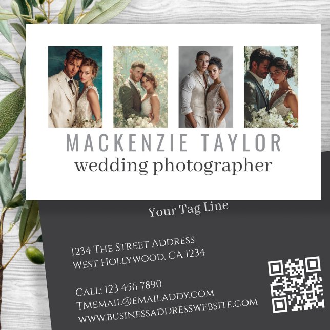 Wedding Photographer 4 Photo Personalized QR Code Visitenkarte (Wedding Photographer 4 Photo Personalized QR Code Business Cards by Ricaso. Change text & photos)