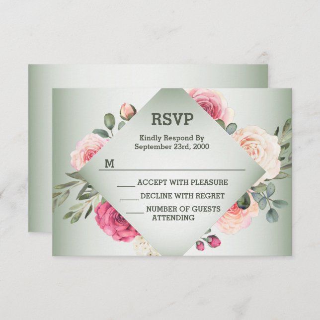 Wedding Pink Floral Rustic Geometric Green RSVP Karte (Vorne/Hinten)