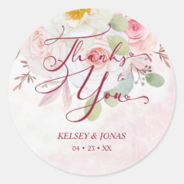 Wedding Pink Floral Thanks to You Whimsical Quote Runder Aufkleber