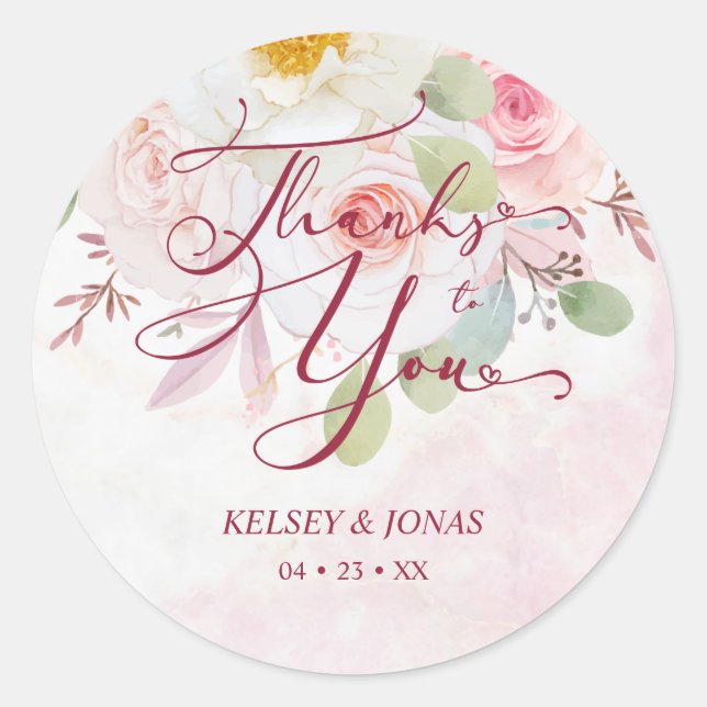 Wedding Pink Floral Thanks to You Whimsical Quote Runder Aufkleber (Vorderseite)
