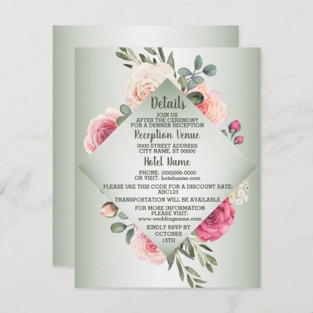 Wedding Pink Peach Floral Rustic Green Detail Begleitkarte (Vorne/Hinten)
