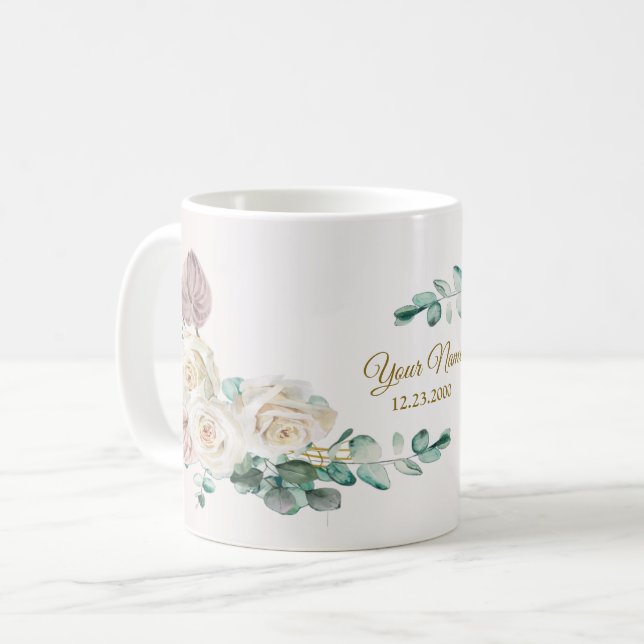 Wedding Pink Rose Watercolor Golden Dusty Party Kaffeetasse (Vorderseite Links)