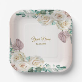 Wedding Pink Rose Watercolor Golden Dusty Party Pappteller